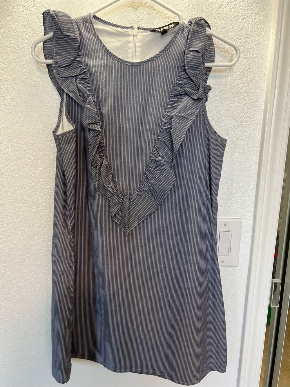 Express Blue Pinstripe Ruffle Mini Dress